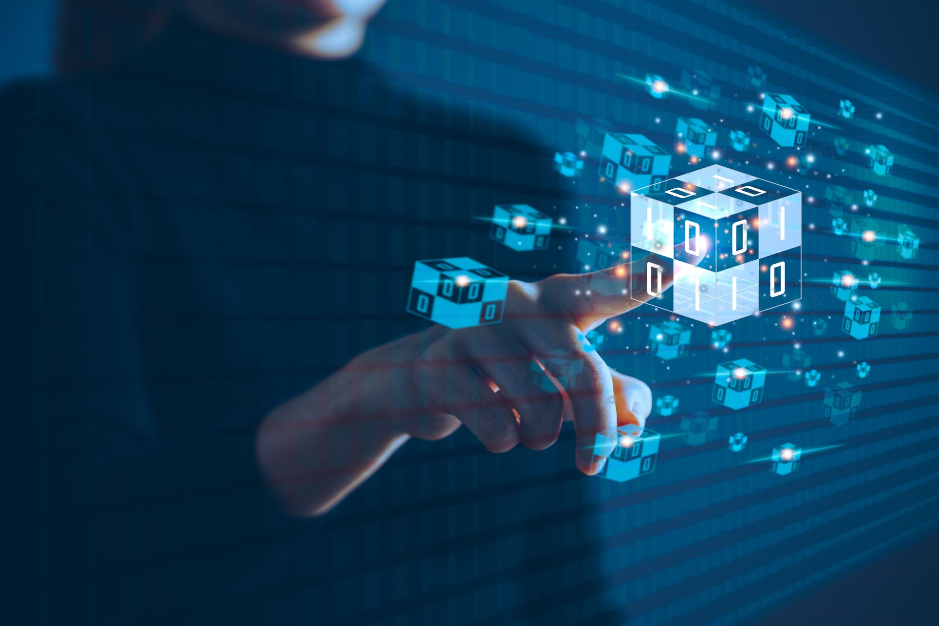Blockchain network connecting. Hand touching block chain connection financial technology virtual reality.