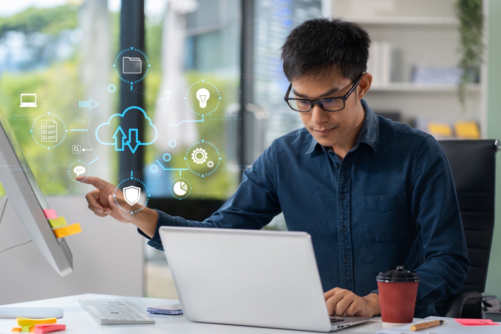 Businessman use the keyboard to access the cloud computing system ,Storage and data transfer Cloud network, Cloud technology. Networking and internet service concept.